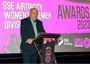 23 November 2023; FAI President Gerry McAnaney speaking during the 2023 SSE Airtricity Women's Premier Division Awards at Clontarf Castle in Dublin. Photo by Sam Barnes/Sportsfile
