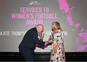 23 November 2023; Katie Thompson from Peamount United is presented with the Services to Women’s Football award by FAI President Gerry McAnaney during the 2023 SSE Airtricity Women's Premier Division Awards at Clontarf Castle in Dublin. Photo by Sam Barnes/Sportsfile