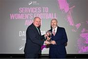 23 November 2023; Dave Cassin from Wexford Youths, right, is presented with the Services to Women’s Football award by FAI President Gerry McAnaney during the 2023 SSE Airtricity Women's Premier Division Awards at Clontarf Castle in Dublin. Photo by Sam Barnes/Sportsfile