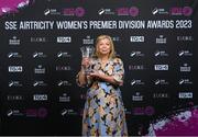 23 November 2023; Peamount United's Katie Thompson accepts her Services to Women’s Football award and also on behalf of Elaine Harrington during the 2023 SSE Airtricity Women's Premier Division Awards at Clontarf Castle in Dublin. Photo by Stephen McCarthy/Sportsfile