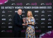23 November 2023; Peamount United's Katie Thompson accepts her Services to Women’s Football award, and also on behalf of Elaine Harrington, from FAI President Gerry McAnaney during the 2023 SSE Airtricity Women's Premier Division Awards at Clontarf Castle in Dublin. Photo by Stephen McCarthy/Sportsfile