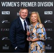 23 November 2023; Peamount United's Katie Thompson with her Services to Women’s Football award, also accepting on behalf of Elaine Harrington, and Peamount United manager James O’Callaghan during the 2023 SSE Airtricity Women's Premier Division Awards at Clontarf Castle in Dublin. Photo by Stephen McCarthy/Sportsfile