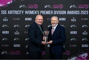 23 November 2023; Wexford Youths’ Dave Cassin is presented with a Services to Women’s Football award by FAI President Gerry McAnaney during the 2023 SSE Airtricity Women's Premier Division Awards at Clontarf Castle in Dublin. Photo by Stephen McCarthy/Sportsfile