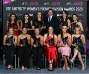 23 November 2023; David Manning, director of customer marketing and communications at SSE Energy customer solutions, with the SSE Airtricity Women's Premier Division Team of the year, back row, from left, Lia O’Leary of Shamrock Rovers, Jetta Berrill of Peamount United, Niamh Reid-Burke of Peamount United, Karen Duggan of Peamount United, Sadhbh Doyle of Peamount United, front row, Maggie Pierce of Shelbourne, Jenna Slattery of Galway United, Megan Smyth-Lynch of Shelbourne, Dana Scheriff of Athlone Town, Jessica Hennessy of Shamrock Rovers and Erin McLaughlin of Peamount United during the 2023 SSE Airtricity Women's Premier Division Awards at Clontarf Castle in Dublin. Photo by Stephen McCarthy/Sportsfile