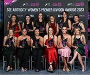 23 November 2023; Ashley Morrow, head of brand, advertising & sponsorship, SSE Airtricity, with the SSE Airtricity Women's Premier Division Team of the year, back row, from left, Lia O’Leary of Shamrock Rovers, Jetta Berrill of Peamount United, Niamh Reid-Burke of Peamount United, Karen Duggan of Peamount United, Sadhbh Doyle of Peamount United, front row, Maggie Pierce of Shelbourne, Jenna Slattery of Galway United, Megan Smyth-Lynch of Shelbourne, Dana Scheriff of Athlone Town, Jessica Hennessy of Shamrock Rovers and Erin McLaughlin of Peamount United during the 2023 SSE Airtricity Women's Premier Division Awards at Clontarf Castle in Dublin. Photo by Stephen McCarthy/Sportsfile