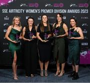 23 November 2023; Peamount United players, from left, Erin McLaughlin, Jetta Berrill, Niamh Reid-Burke, Karen Duggan and Sadhbh Doyle with their SSE Airtricity Team of the Year awards during the 2023 SSE Airtricity Women's Premier Division Awards at Clontarf Castle in Dublin. Photo by Stephen McCarthy/Sportsfile