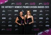 23 November 2023; Shelbourne players Megan Smyth-Lynch and Maggie Pierce with their SSE Airtricity Team of the Year awards during the 2023 SSE Airtricity Women's Premier Division Awards at Clontarf Castle in Dublin. Photo by Stephen McCarthy/Sportsfile