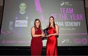 23 November 2023; Dana Scheriff of Athlone Town, right, is presented with her SSE Airtricity Team of The Year award by SSE Airtricity head of brand, advertising, and sponsorship Ashley Morrow during the 2023 SSE Airtricity Women's Premier Division Awards at Clontarf Castle in Dublin. Photo by Sam Barnes/Sportsfile