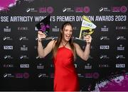 23 November 2023; Dana Scheriff of Athlone Town with her SSE Airtricity Team of the Year and EVOKE.ie Golden Boot awards during the 2023 SSE Airtricity Women's Premier Division Awards at Clontarf Castle in Dublin. Photo by Stephen McCarthy/Sportsfile