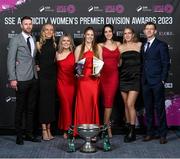 23 November 2023; Athlone Town representatives, from left, manager Ciarán Kilduff, Katie Keane, Laurie Ryan, Dana Scheriff holding her SSE Airtricity Team of the Year and EVOKE.ie Golden Boot awards, Kayleigh Shine, Madie Gibson and assistant manager Ken Kiernan during the 2023 SSE Airtricity Women's Premier Division Awards at Clontarf Castle in Dublin. Photo by Stephen McCarthy/Sportsfile