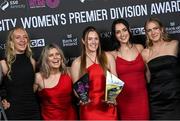 23 November 2023; Dana Scheriff of Athlone Town holds her SSE Airtricity Team of the Year and EVOKE.ie Golden Boot awards surrounded by Athlone Town team-mates, from left, Katie Keane, Laurie Ryan, Kayleigh Shine and Madie Gibson during the 2023 SSE Airtricity Women's Premier Division Awards at Clontarf Castle in Dublin. Photo by Stephen McCarthy/Sportsfile