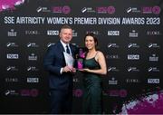 23 November 2023; Peamount United's James O’Callaghan with the SSE Airtricity Manager of the Year award and Sadhbh Doyle with the SSE Airtricity Player of the Year award during the 2023 SSE Airtricity Women's Premier Division Awards at Clontarf Castle in Dublin. Photo by Stephen McCarthy/Sportsfile