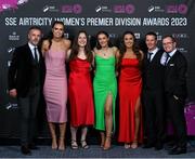 23 November 2023; Shamrock Rovers representatives, from left, Ciaran Ryan, Jessica Hennessy, Scarlett Herron, Melissa O'Kane, Lia O’Leary, manager Collie O’Neill and head of women's football Jason Carey during the 2023 SSE Airtricity Women's Premier Division Awards at Clontarf Castle in Dublin. Photo by Stephen McCarthy/Sportsfile