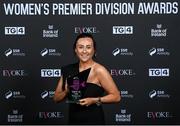23 November 2023; Megan Smyth-Lynch of Shelbourne with her SSE Airtricity Team of the Year award during the 2023 SSE Airtricity Women's Premier Division Awards at Clontarf Castle in Dublin. Photo by Stephen McCarthy/Sportsfile