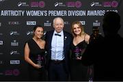 23 November 2023; Shelbourne recipients of the SSE Airtricity Team of the Year awards Megan Smyth-Lynch, left, and Maggie Pierce with coach Joey Malone during the 2023 SSE Airtricity Women's Premier Division Awards at Clontarf Castle in Dublin. Photo by Stephen McCarthy/Sportsfile