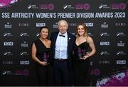 23 November 2023; Shelbourne recipients of the SSE Airtricity Team of the Year awards Megan Smyth-Lynch, left, and Maggie Pierce with coach Joey Malone during the 2023 SSE Airtricity Women's Premier Division Awards at Clontarf Castle in Dublin. Photo by Stephen McCarthy/Sportsfile