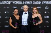 23 November 2023; Shelbourne recipients of the SSE Airtricity Team of the Year awards Megan Smyth-Lynch, left, and Maggie Pierce with coach Joey Malone during the 2023 SSE Airtricity Women's Premier Division Awards at Clontarf Castle in Dublin. Photo by Stephen McCarthy/Sportsfile