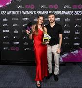 23 November 2023; Dana Scheriff of Athlone Town with her SSE Airtricity Team of the Year and EVOKE.ie Golden Boot awards and Daniel Voithevics during the 2023 SSE Airtricity Women's Premier Division Awards at Clontarf Castle in Dublin. Photo by Stephen McCarthy/Sportsfile