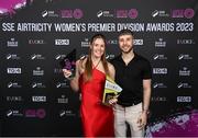 23 November 2023; Dana Scheriff of Athlone Town with her SSE Airtricity Team of the Year and EVOKE.ie Golden Boot awards and Daniel Voithevics during the 2023 SSE Airtricity Women's Premier Division Awards at Clontarf Castle in Dublin. Photo by Stephen McCarthy/Sportsfile