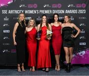 23 November 2023; Athlone Town representatives, from left, Katie Keane, Laurie Ryan, Dana Scheriff holding her SSE Airtricity Team of the Year and EVOKE.ie Golden Boot awards, Kayleigh Shine and Madie Gibson during the 2023 SSE Airtricity Women's Premier Division Awards at Clontarf Castle in Dublin. Photo by Stephen McCarthy/Sportsfile