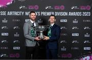 23 November 2023; Athlone Town manager Ciarán Kilduff and assistant manager Ken Kiernan, right, holding the FAI Cup during the 2023 SSE Airtricity Women's Premier Division Awards at Clontarf Castle in Dublin. Photo by Stephen McCarthy/Sportsfile