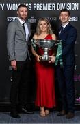 23 November 2023; Athlone Town manager Ciarán Kilduff, left, captain Laurie Ryan and assistant manager Ken Kiernan holding the FAI Cup during the 2023 SSE Airtricity Women's Premier Division Awards at Clontarf Castle in Dublin. Photo by Stephen McCarthy/Sportsfile