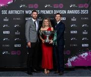 23 November 2023; Athlone Town manager Ciarán Kilduff, left, captain Laurie Ryan and assistant manager Ken Kiernan holding the FAI Cup during the 2023 SSE Airtricity Women's Premier Division Awards at Clontarf Castle in Dublin. Photo by Stephen McCarthy/Sportsfile