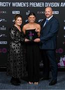 23 November 2023; Jenna Slattery of Galway United with her SSE Airtricity Team of the Year award and parents Lorraine and Jeffrey during the 2023 SSE Airtricity Women's Premier Division Awards at Clontarf Castle in Dublin.     Photo by Stephen McCarthy/Sportsfile
