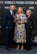 23 November 2023; Peamount United's Katie Thompson with her Services to Women’s Football award, also accepting on behalf of Elaine Harrington, and Peamount United manager James O’Callaghan and Linda Raymond, right, during the 2023 SSE Airtricity Women's Premier Division Awards at Clontarf Castle in Dublin. Photo by Stephen McCarthy/Sportsfile