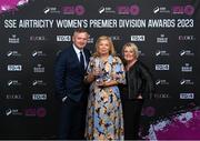 23 November 2023; Peamount United's Katie Thompson with her Services to Women’s Football award, also accepting on behalf of Elaine Harrington, and Peamount United manager James O’Callaghan and Linda Raymond, right, during the 2023 SSE Airtricity Women's Premier Division Awards at Clontarf Castle in Dublin. Photo by Stephen McCarthy/Sportsfile