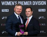 23 November 2023; SSE Airtricity Manager of the Year, Peamount United manager James O'Callaghan, left, and League of Ireland director Mark Scanlon during the 2023 SSE Airtricity Women's Premier Division Awards at Clontarf Castle in Dublin. Photo by Sam Barnes/Sportsfile