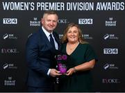 23 November 2023; Peamount United manager James O’Callaghan with his SSE Airtricity Manager of the Year award and Emma Donohoe during the 2023 SSE Airtricity Women's Premier Division Awards at Clontarf Castle in Dublin. Photo by Stephen McCarthy/Sportsfile