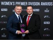 23 November 2023; Peamount United manager James O’Callaghan with his SSE Airtricity Manager of the Year award and James Lynch of TG4 during the 2023 SSE Airtricity Women's Premier Division Awards at Clontarf Castle in Dublin. Photo by Stephen McCarthy/Sportsfile