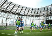 24 November 2023; Harry Byrne is tackled by Joe McCarthy during a Leinster Rugby captain's run at the Aviva Stadium in Dublin. Photo by Harry Murphy/Sportsfile