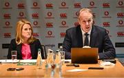 24 November 2023; IRFU chief executive officer Kevin Potts and IRFU chief financial officer Thelma O'Driscoll during an Ireland rugby media conference at the Aviva Stadium in Dublin. Photo by Piaras Ó Mídheach/Sportsfile