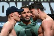 24 November 2023; Emmet Brennan, left, and Jamie Morrissey with promoter Eddie Hearn during weigh-ins held at The Helix on DCU Campus in Dublin, in preparation for their celtic light heavyweight title fight, on November 25th at 3Arena in Dublin. Photo by Stephen McCarthy/Sportsfile