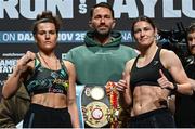 24 November 2023; Chantelle Cameron, left, and Katie Taylor with promoter Eddie Hearn during weigh-ins held at The Helix on DCU Campus in Dublin, in preparation for their undisputed super lightweight championship fight, on November 25th at 3Arena in Dublin. Photo by Stephen McCarthy/Sportsfile