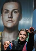 24 November 2023; Katie Taylor during weigh-ins held at The Helix on DCU Campus in Dublin, in preparation for her undisputed super lightweight championship fight with Chantelle Cameron, on November 25th at 3Arena in Dublin. Photo by Stephen McCarthy/Sportsfile