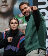 24 November 2023; Katie Taylor, with promoter Eddie Hearn, during weigh-ins held at The Helix on DCU Campus in Dublin, in preparation for her undisputed super lightweight championship fight with Chantelle Cameron, on November 25th at 3Arena in Dublin. Photo by Stephen McCarthy/Sportsfile
