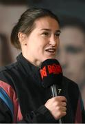 24 November 2023; Katie Taylor is interviewed by DAZN during weigh-ins held at The Helix on DCU Campus in Dublin, in preparation for her undisputed super lightweight championship fight with Chantelle Cameron, on November 25th at 3Arena in Dublin. Photo by Stephen McCarthy/Sportsfile
