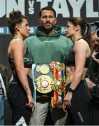 24 November 2023; Chantelle Cameron, left, and Katie Taylor with promoter Eddie Hearn during weigh-ins held at The Helix on DCU Campus in Dublin, in preparation for their undisputed super lightweight championship fight, on November 25th at 3Arena in Dublin. Photo by Stephen McCarthy/Sportsfile