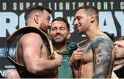 24 November 2023; Thomas Carty, left, and Dan Garber with promoter Eddie Hearn during weigh-ins held at The Helix on DCU Campus in Dublin, in preparation for their heavyweight bout, on November 25th at 3Arena in Dublin. Photo by Stephen McCarthy/Sportsfile