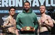 24 November 2023; John Cooney, left, and Liam Gaynor with promoter Eddie Hearn during weigh-ins held at The Helix on DCU Campus in Dublin, in preparation for their celtic super featherweight title fight, on November 25th at 3Arena in Dublin. Photo by Stephen McCarthy/Sportsfile