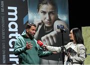 24 November 2023; Promoter Eddie Hearn is interviewed by Aisling O'Reilly of Off The Ball after weigh-ins held at The Helix on DCU Campus in Dublin, in preparation for the undisputed super lightweight championship fight between Chantelle Cameron and Katie Taylor, on November 25th at 3Arena in Dublin. Photo by Stephen McCarthy/Sportsfile