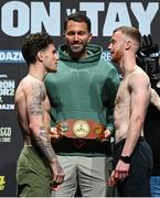 24 November 2023; John Cooney, left, and Liam Gaynor with promoter Eddie Hearn during weigh-ins held at The Helix on DCU Campus in Dublin, in preparation for their celtic super featherweight title fight, on November 25th at 3Arena in Dublin. Photo by Stephen McCarthy/Sportsfile