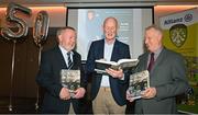 24 November 2023; In attendance at the launch of the Allianz Cumann na mBunscol 50th anniversary book, &quot;50 Bliain ag Fás’, at Croke Park in Dublin are, from left, author Joe Lyons, former Kilkenny hurling manager Brian Cody, and author Ciarán Crowe. Photo by Sam Barnes/Sportsfile