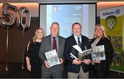 24 November 2023; In attendance at the launch of the Allianz Cumann na mBunscol 50th anniversary book, &quot;50 Bliain ag Fás’, at Croke Park in Dublin are, from left, Clodagh Trainor, author Joe Lyons, author Ciarán Crowe and Aine Trainor. Photo by Sam Barnes/Sportsfile