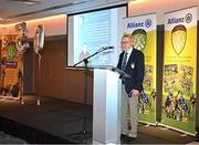 24 November 2023; Cathoirleach of Cumann na mBunscol and co-author Joe Lyons speaking at the launch of the Allianz Cumann na mBunscol 50th anniversary book, &quot;50 Bliain ag Fás’, at Croke Park in Dublin. Photo by Sam Barnes/Sportsfile