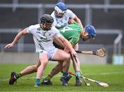 25 November 2023; James Gorman of Kilcormac-Killoughey in action against Mikey Butler, 4, and Huw Lawlor of O'Loughlin Gaels during the AIB Leinster GAA Hurling Senior Club Championship semi-final match between Kilcormac-Killoughey, Offaly, and O'Loughlin Gaels, Kilkenny, at Glenisk O'Connor Park in Tullamore, Offaly. Photo by Piaras Ó Mídheach/Sportsfile