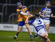 25 November 2023; Cian Boran of Naas shoots to score his side's first goal despite the efforts of Ross Kelly of Naas during the AIB Leinster GAA Hurling Senior Club Championship semi-final match between Naas, Kildare, and Na Fianna, Dublin, at Laois Hire O’Moore Park in Portlaoise, Laois. Photo by Eóin Noonan/Sportsfile